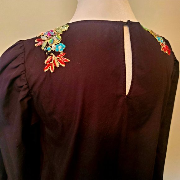 Gorgeous Colourful Bejewelled Applique Modest Blouse Black Long Puff Sleeve 8 - Picture 7 of 9
